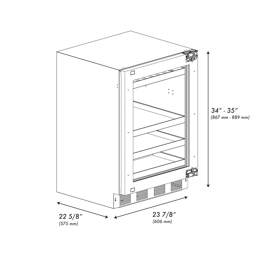 ZLINE Autograph Edition 24 in. Touchstone 151 Can Beverage Fridge With Panel Ready Glass Door And Matte Black Handle (RBSPOZ-24-MB) dimensional diagram with measurements.