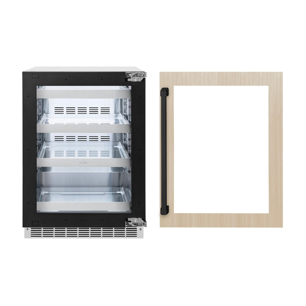 ZLINE Autograph Edition 24 in. Touchstone 151 Can Beverage Fridge With Panel Ready Glass Door And Matte Black Handle (RBSPOZ-24-MB) front, refrigeration unit next to custom panel with Autograph Edition handle.