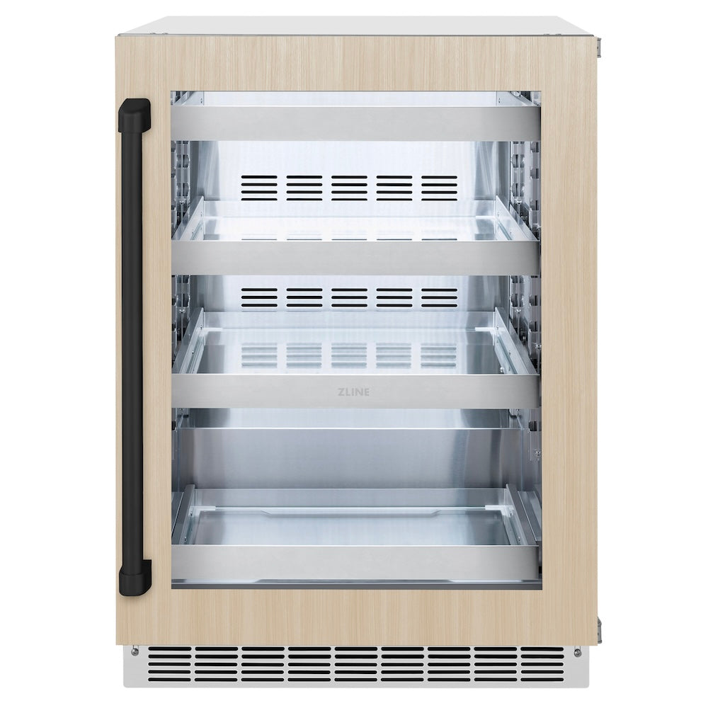 ZLINE Autograph Edition 24 in. Touchstone 151 Can Beverage Fridge with Panel Ready Glass Door and Matte Black Handle (RBSPOZ-24-MB) main image.