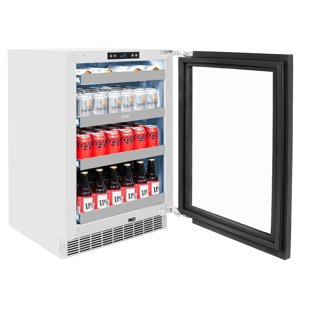 ZLINE Autograph Edition 24 in. Touchstone 151 Can Beverage Fridge With Panel Ready Glass Door And Matte Black Handle (RBSPOZ-24-MB) side, open, with drinks.