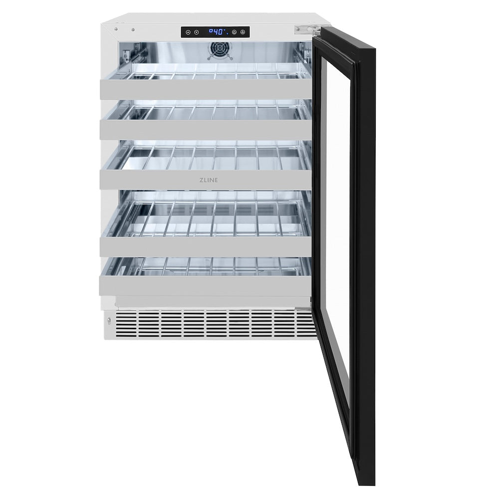 ZLINE Autograph Edition 24 in. Touchstone Dual Zone 44 Bottle Wine Cooler With Panel Ready Glass Door And Champagne Bronze Handle (RWDPOZ-24-CB) front, open.