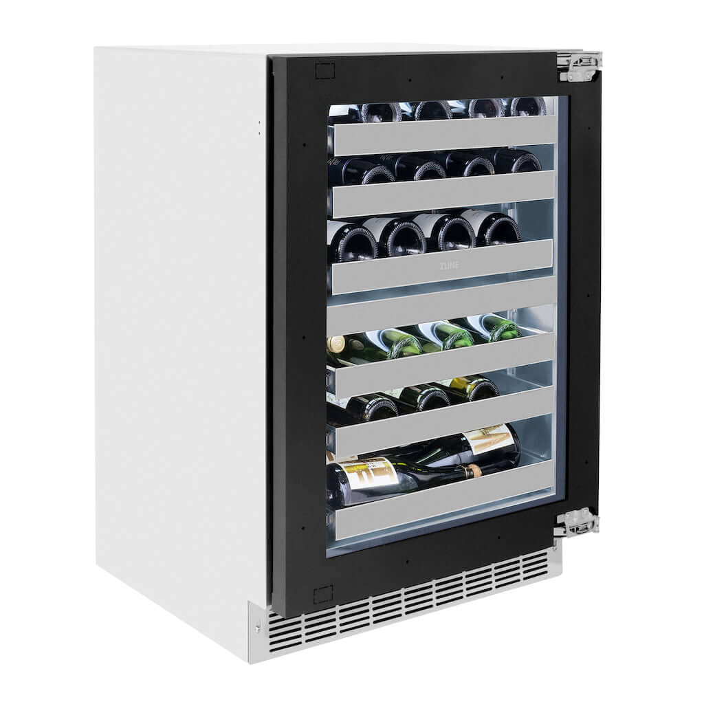 ZLINE Autograph Edition Touchstone Under Counter Panel Ready Dual Zone Wine Cooler side with door closed and bottles inside.