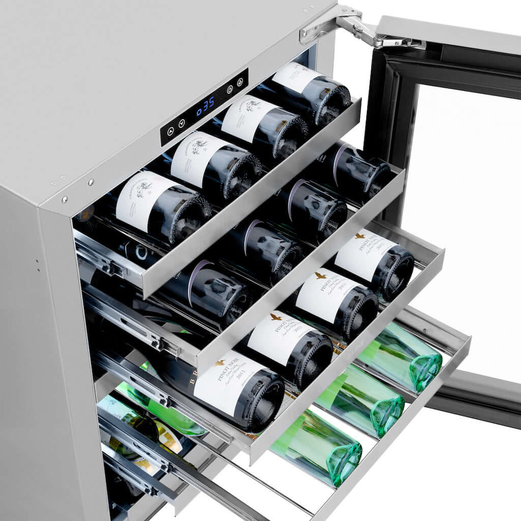 ZLINE Touchstone Dual Zone Wine Cooler with wine bottles on shelves extended from side above.