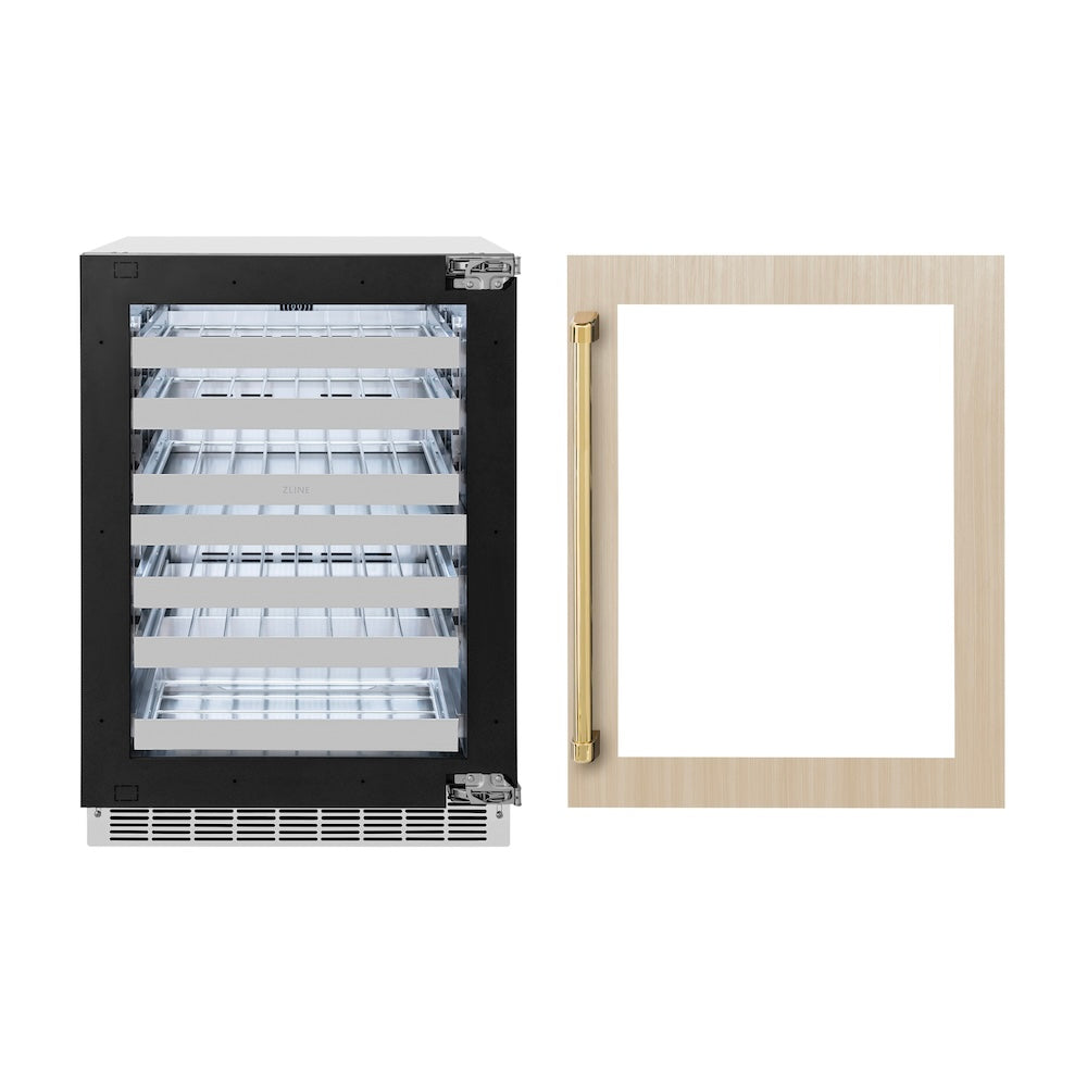 ZLINE Autograph Edition 24 in. Touchstone Dual Zone 44 Bottle Wine Cooler With Panel Ready Glass Door And Polished Gold Handle (RWDPOZ-24-G) front, refrigeration unit next to custom panel with Autograph Edition handle.