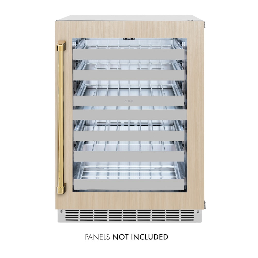 ZLINE Autograph Edition 24 in. Touchstone Dual Zone 44 Bottle Wine Cooler With Panel Ready Glass Door And Polished Gold Handle (RWDPOZ-24-G) front, with custom panel and Autograph Edition handle. Text: Panels Not Included