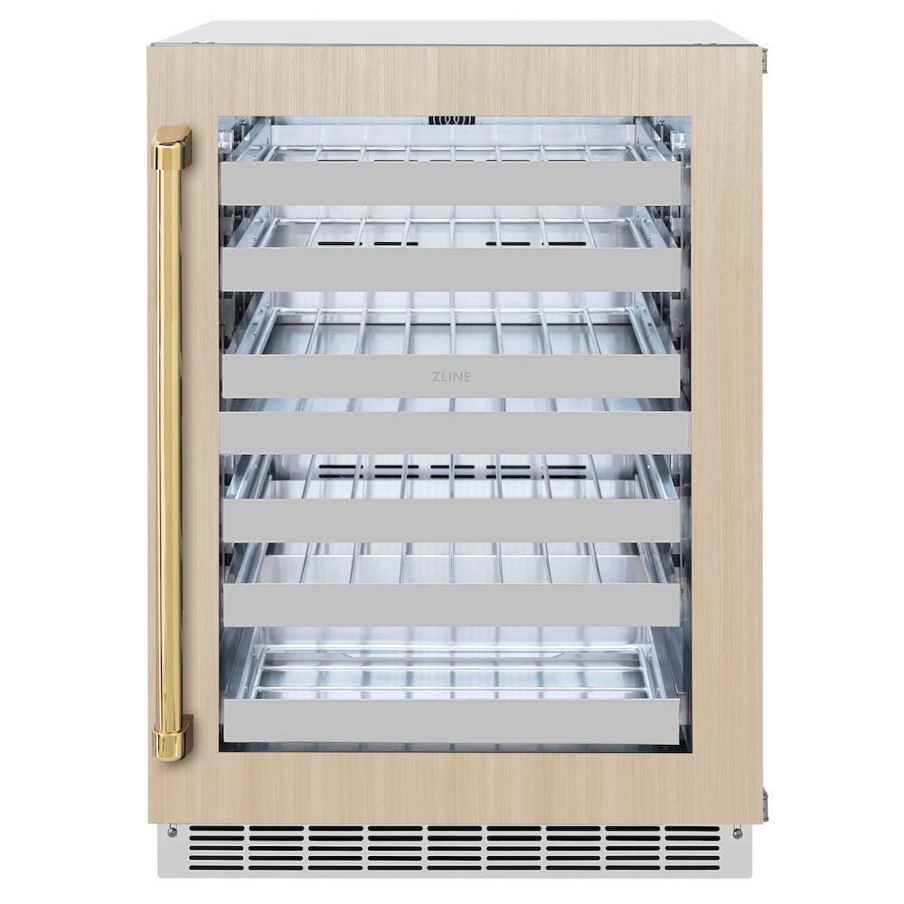 ZLINE Autograph Edition 24 in. Touchstone Dual Zone 44 Bottle Wine Cooler With Panel Ready Glass Door And Polished Gold Handle (RWDPOZ-24-G) 