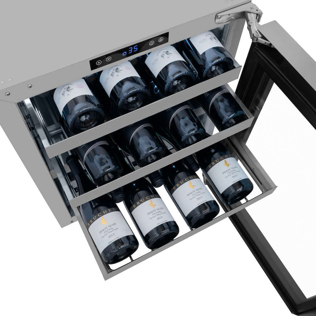 ZLINE Touchstone Under Counter Dual Zone Wine Cooler door open with wine bottles on shelves extended from above.