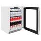 ZLINE Autograph Edition 24 in. Touchstone 151 Can Beverage Fridge With Satin Stainless Steel Glass Door And Champagne Bronze Handle (RBSOZ-SN-24-CB) open, displaying various canned and bottled drink items.
