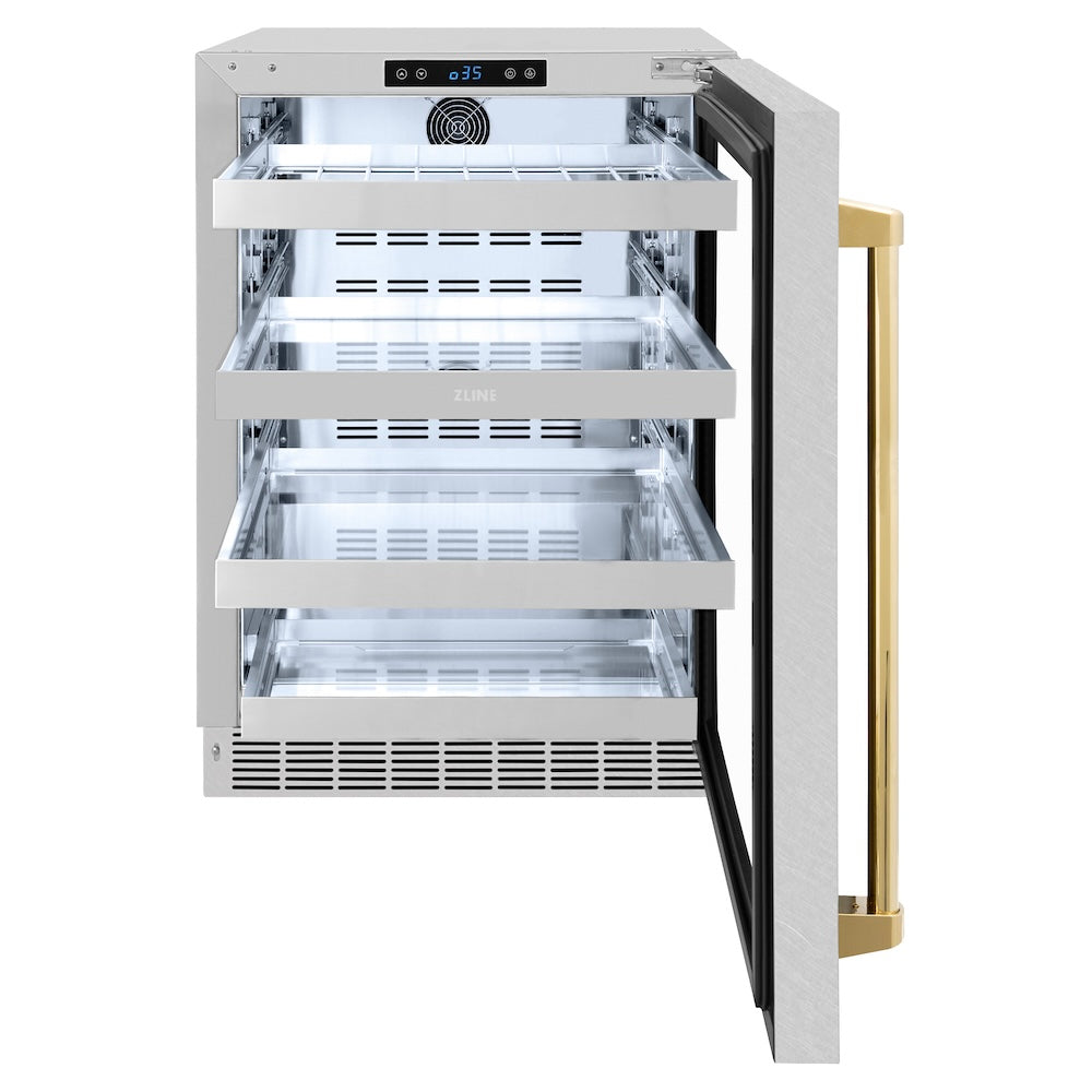 ZLINE Autograph Edition 24 in. Touchstone 151 Can Beverage Fridge With Satin Stainless Steel Glass Door And Polished Gold Handle (RBSOZ-SN-24-G) front, open.