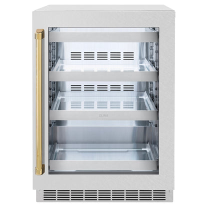 ZLINE Autograph Edition 24 in. Touchstone 151 Can Beverage Fridge With Satin Stainless Steel Glass Door And Polished Gold Handle (RBSOZ-SN-24-G)