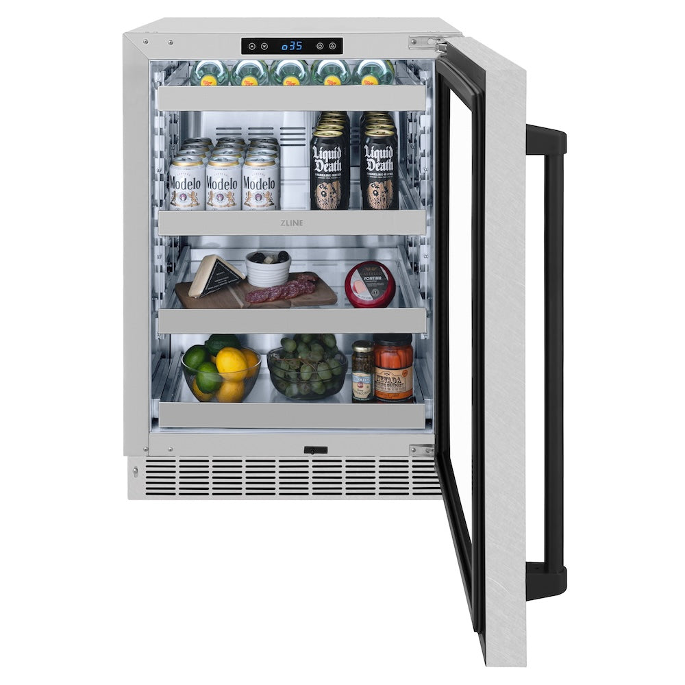 ZLINE Autograph Edition 24 in. Touchstone 151 Can Beverage Fridge With Satin Stainless Steel Glass Door And Matte Black Handle (RBSOZ-SN-24-MB) front, open, displaying various food and drink items.