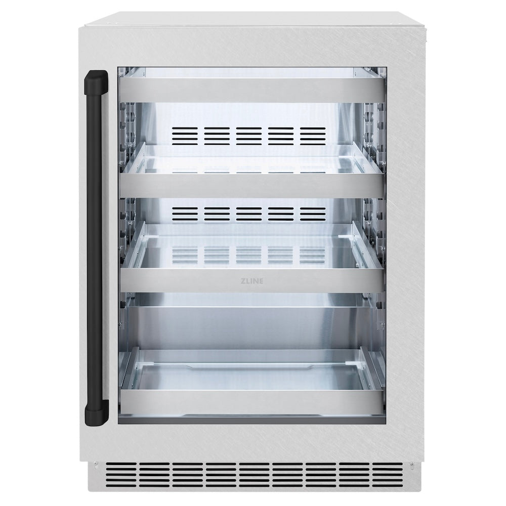 ZLINE Autograph Edition 24 in. Touchstone 151 Can Beverage Fridge with Satin Stainless Steel Glass Door and Matte Black Handle (RBSOZ-SN-24-MB) main image.