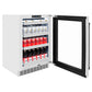 ZLINE Autograph Edition 24 in. Touchstone 151 Can Beverage Fridge With Satin Stainless Steel Glass Door And Matte Black Handle (RBSOZ-SN-24-MB) open, displaying various canned and bottled drink items.