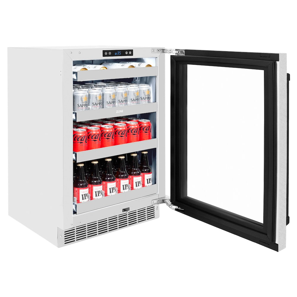 ZLINE Autograph Edition 24 in. Touchstone 151 Can Beverage Fridge With Satin Stainless Steel Glass Door And Matte Black Handle (RBSOZ-SN-24-MB) open, displaying various canned and bottled drink items.