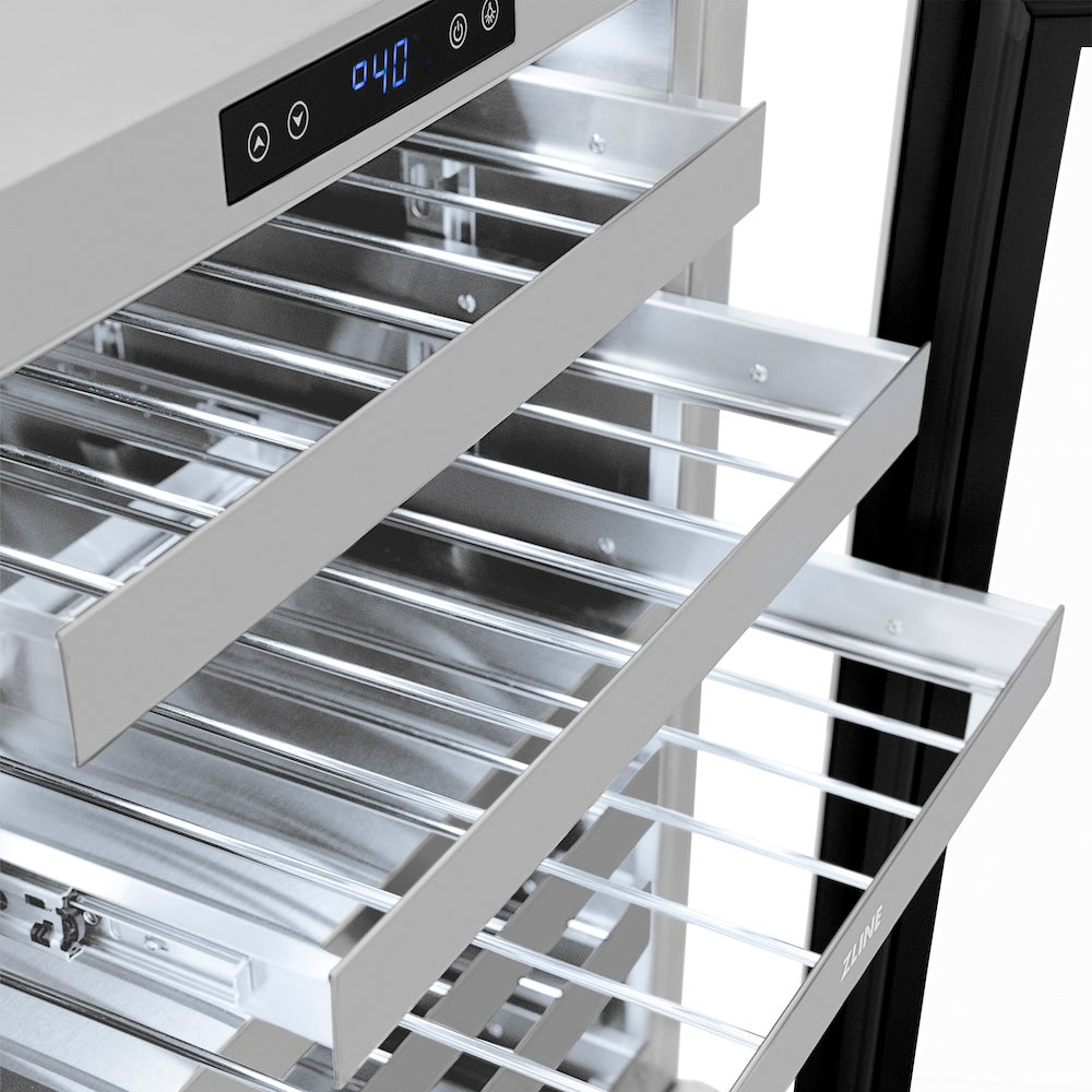 ZLINE Autograph Edition 24 in. Touchstone Dual Zone 44 Bottle Wine Cooler with Satin Stainless Steel Glass Door and Polished Gold Handle (RWDOZ-SN-24-G) side, shelves extended.