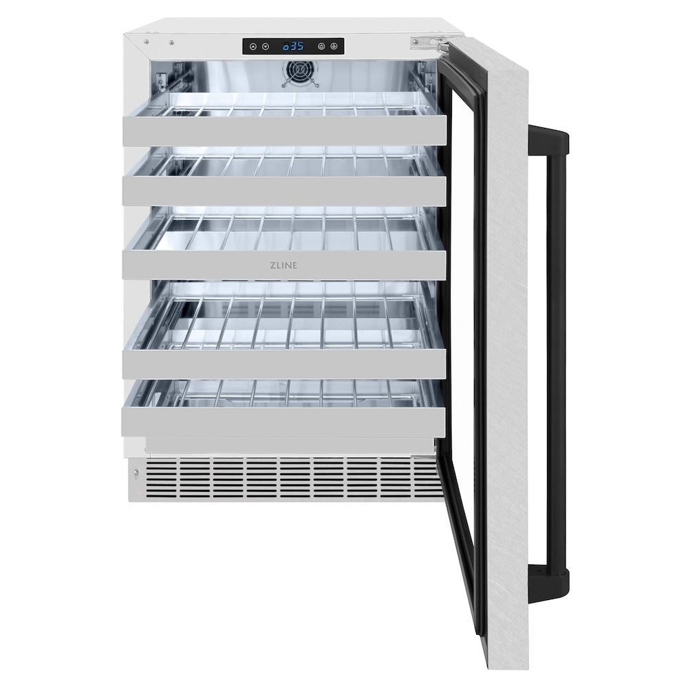 ZLINE Autograph Edition 24 in. Touchstone Dual Zone 44 Bottle Wine Cooler with Satin Stainless Steel Glass Door and Matte Black Handle (RWDOZ-SN-24-MB) front, open.