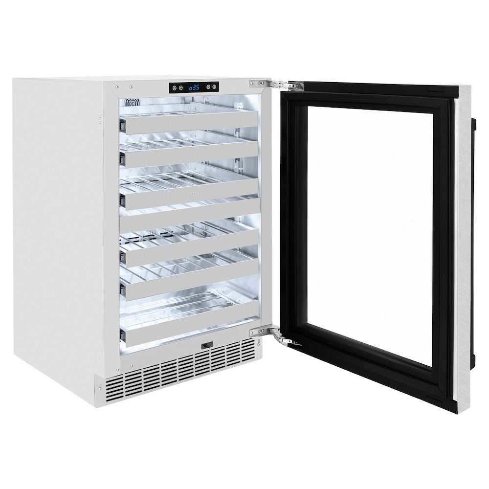 ZLINE Autograph Edition 24 in. Touchstone Dual Zone 44 Bottle Wine Cooler with Satin Stainless Steel Glass Door and Matte Black Handle (RWDOZ-SN-24-MB) side, open.