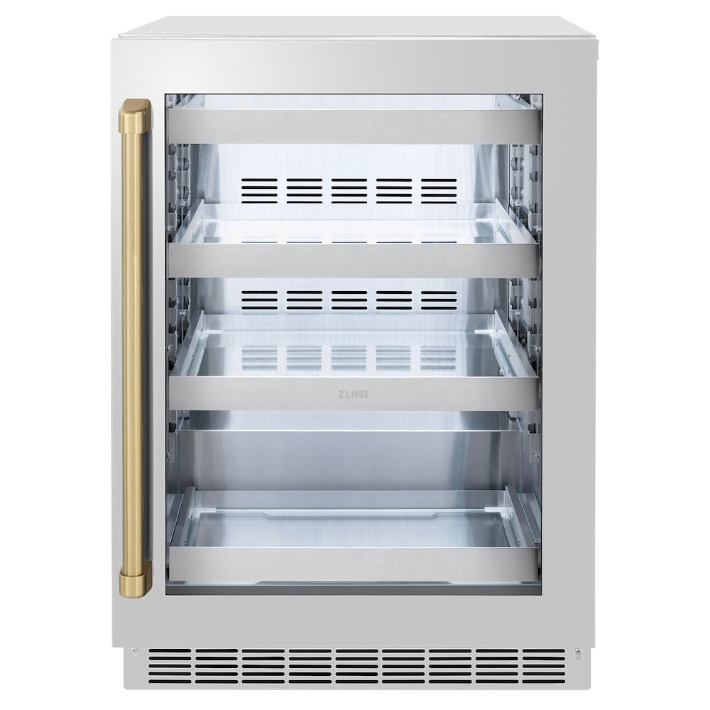 ZLINE Autograph Edition 24 in. Touchstone 151 Can Beverage Fridge with Stainless Steel Glass Door and Champagne Bronze Handle (RBSOZ-GS-24-CB) main image.