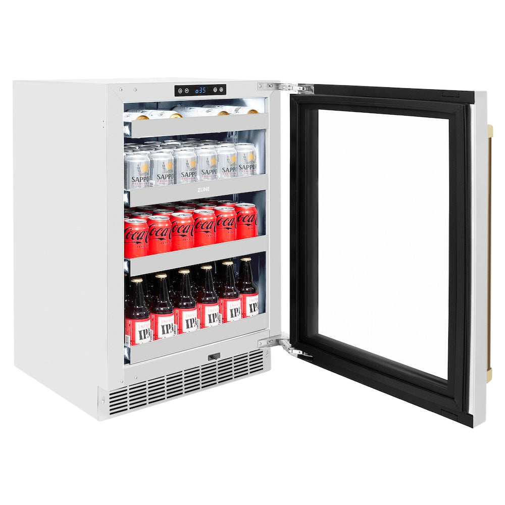 ZLINE Autograph Edition 24 in. Touchstone 151 Can Beverage Fridge With Stainless Steel Glass Door And Champagne Bronze Handle (RBSOZ-GS-24-CB) side, open, with drinks.