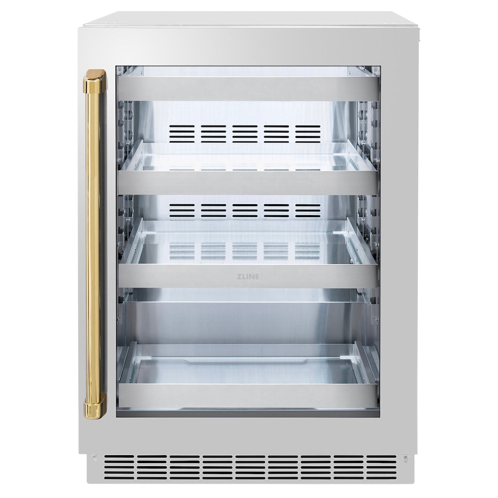 ZLINE Autograph Edition 24 in. Touchstone 151 Can Beverage Fridge with Stainless Steel Glass Door and Polished Gold Handle (RBSOZ-GS-24-G) main image.