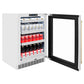 ZLINE Autograph Edition 24 in. Touchstone 151 Can Beverage Fridge With Stainless Steel Glass Door And Polished Gold Handle (RBSOZ-GS-24-G) side, open, with beverages inside.