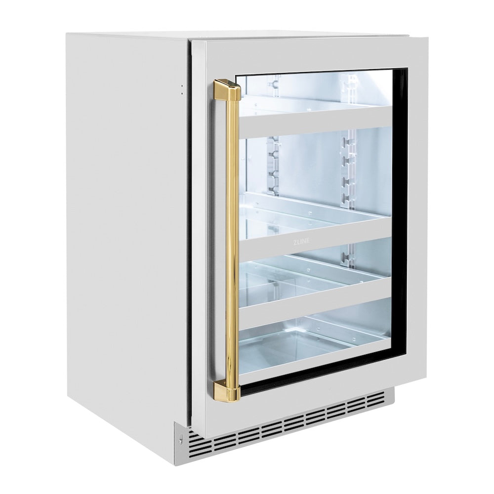 ZLINE Autograph Edition 24 in. Touchstone 151 Can Beverage Fridge With Stainless Steel Glass Door And Polished Gold Handle (RBSOZ-GS-24-G) side, closed.