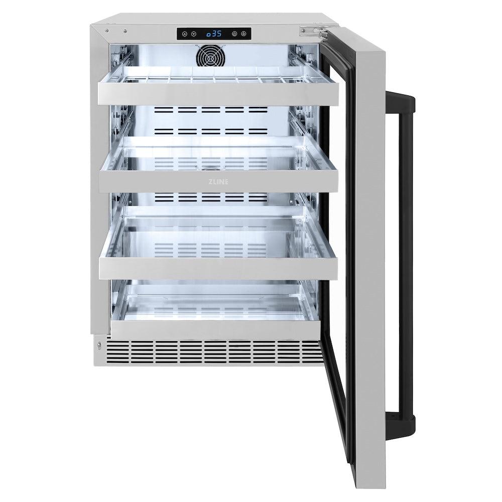 ZLINE Autograph Edition 24 in. Touchstone 151 Can Beverage Fridge With Stainless Steel Glass Door And Matte Black Handle (RBSOZ-GS-24-MB) front, open, empty.