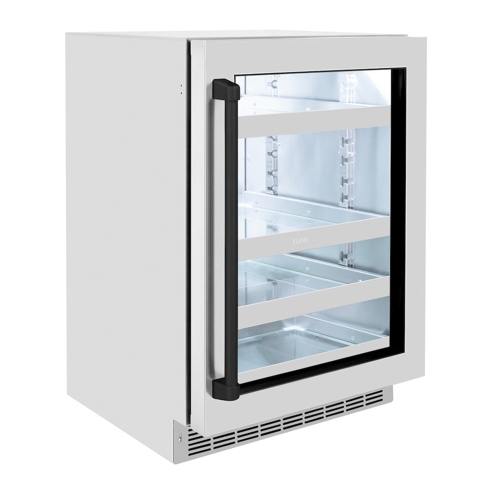 ZLINE Autograph Edition 24 in. Touchstone 151 Can Beverage Fridge With Stainless Steel Glass Door And Matte Black Handle (RBSOZ-GS-24-MB) side, closed.