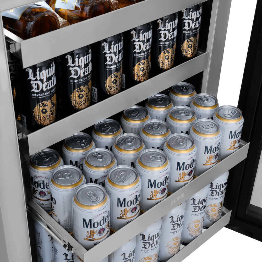 ZLINE Autograph Edition 24 in. Touchstone 151 Can Beverage Fridge With Solid Stainless Steel Door And Champagne Bronze Handle (RBSOZ-ST-24-CB) drinks on adjustable shelving