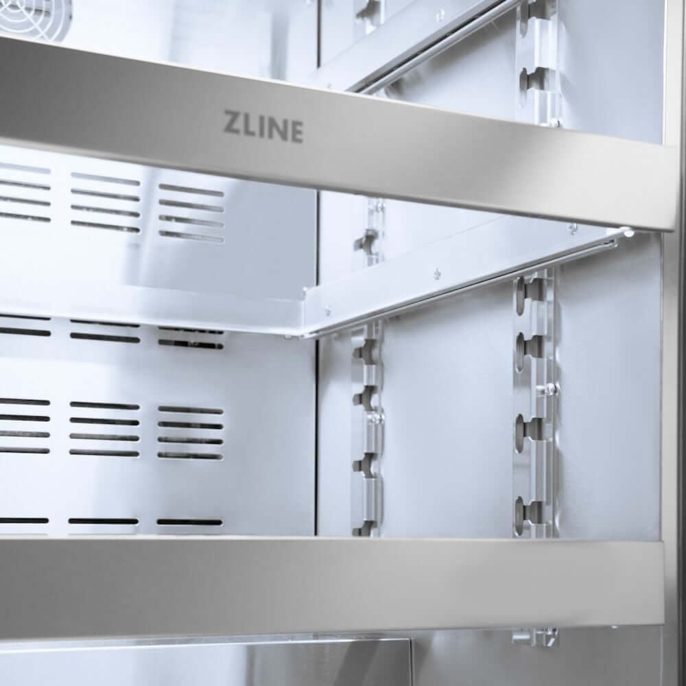 ZLINE Autograph Edition 24 in. Touchstone 151 Can Beverage Fridge With Solid Stainless Steel Door And Champagne Bronze Handle (RBSOZ-ST-24-CB) adjustable shelving with ZLINE logo close up