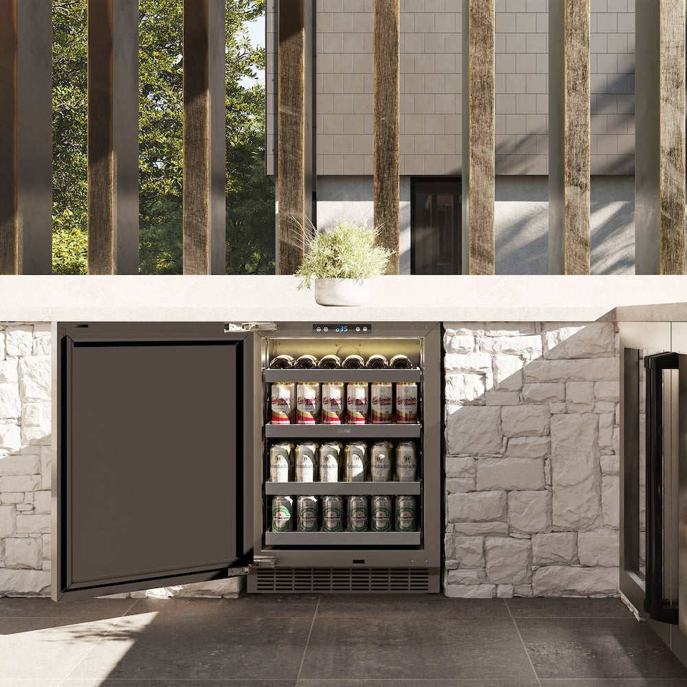 ZLINE Autograph Edition 24 in. Touchstone 151 Can Beverage Fridge With Solid Stainless Steel Door And Matte Black Handle (RBSOZ-ST-24-MB) in a luxury outdoor kitchen.