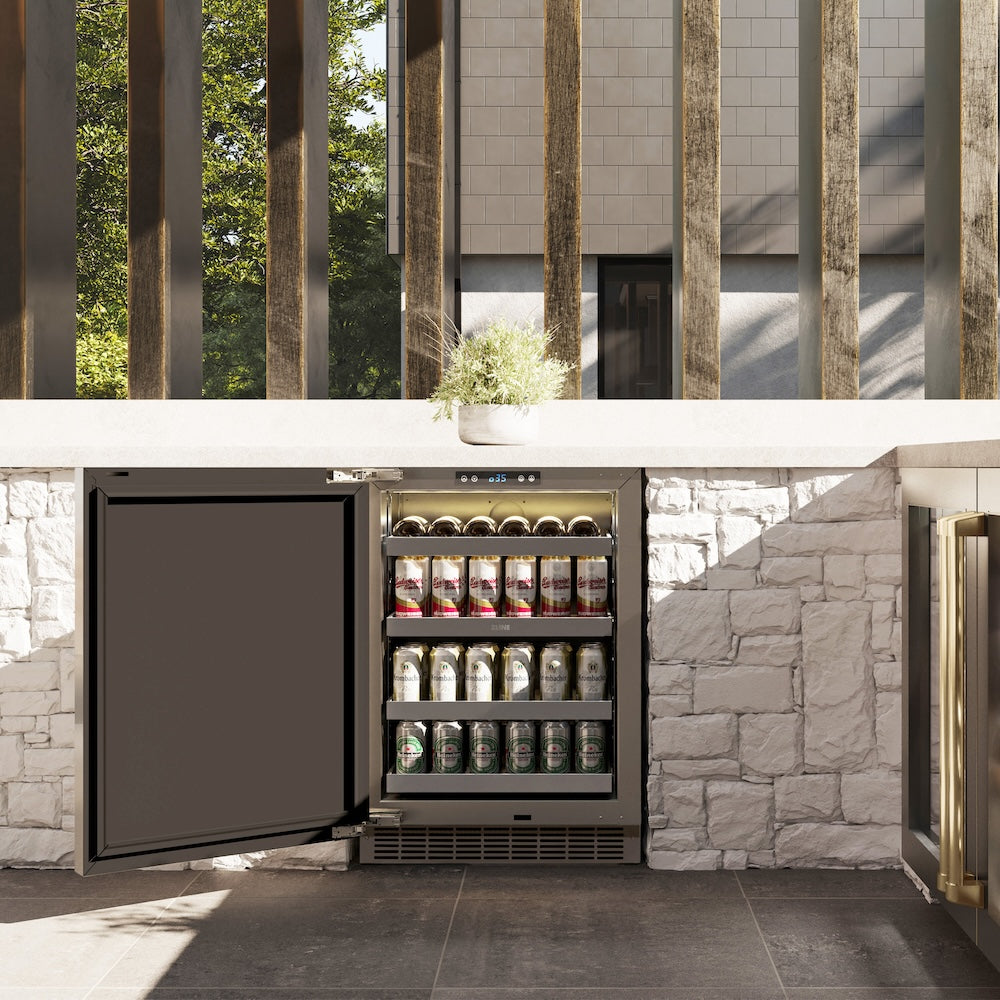 ZLINE Autograph Edition 24 in. Touchstone 151 Can Beverage Fridge With Solid Stainless Steel Door And Champagne Bronze Handle (RBSOZ-ST-24-CB) in outdoor patio area open with drinks inside