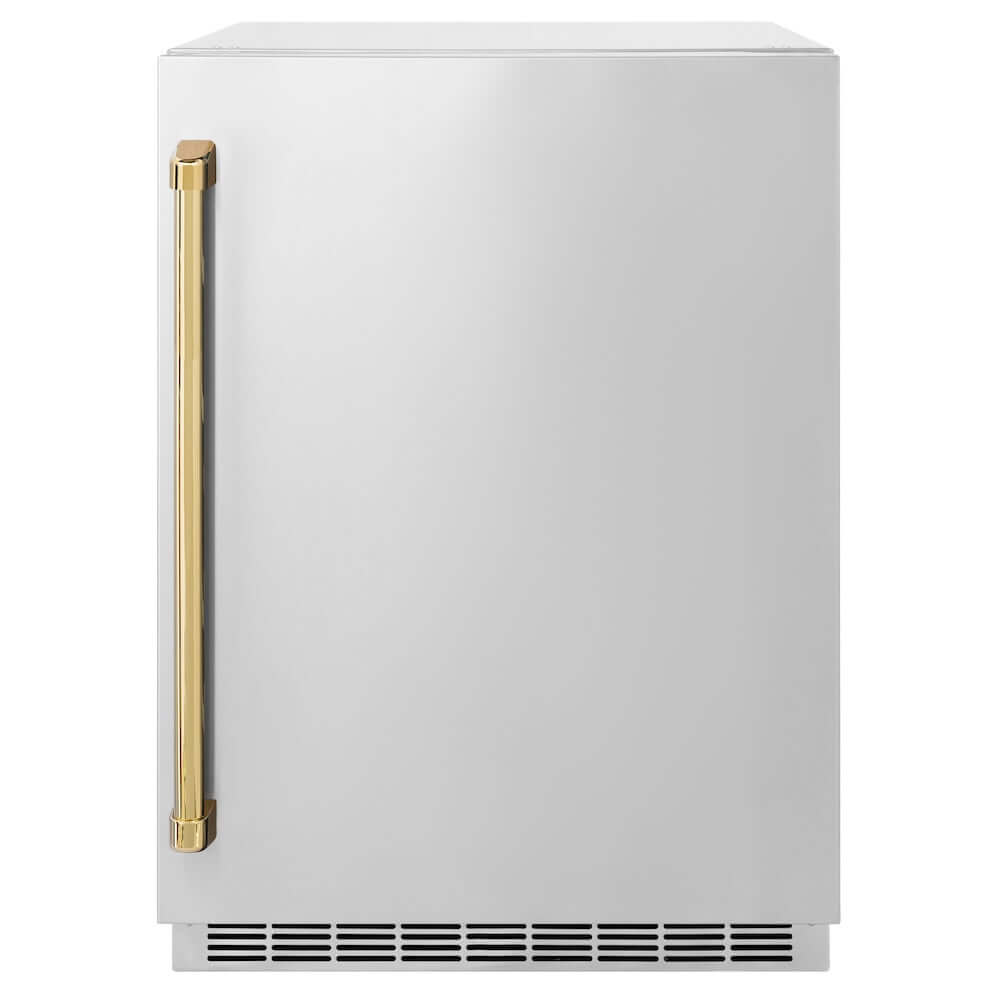 ZLINE Autograph Edition 24 in. Touchstone 151 Can Beverage Fridge with Solid Stainless Steel Door and Polished Gold Handle (RBSOZ-ST-24-G) main image.