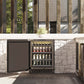 ZLINE Autograph Edition 24 in. Touchstone 151 Can Beverage Fridge With Solid Stainless Steel Door And Polished Gold Handle (RBSOZ-ST-24-G) front, open, in an outdoor patio area with a matching wine cooler against a stone wall and greenery.
