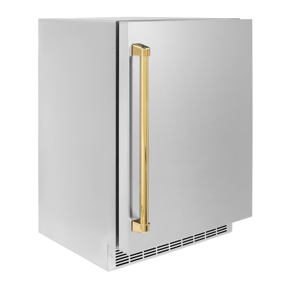 ZLINE Autograph Edition 24 in. Touchstone 151 Can Beverage Fridge With Solid Stainless Steel Door And Polished Gold Handle (RBSOZ-ST-24-G) side, door closed