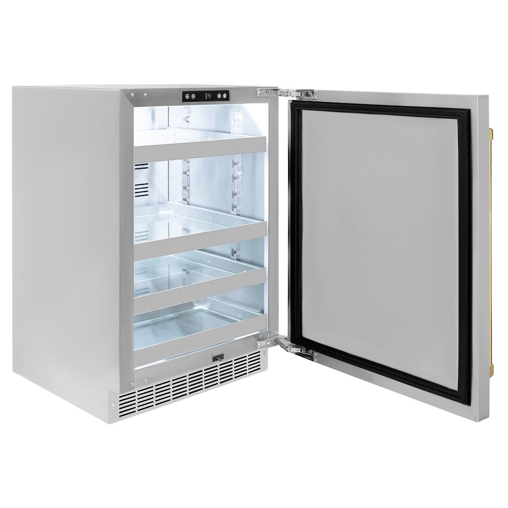 ZLINE Autograph Edition 24 in. Touchstone 151 Can Beverage Fridge With Solid Stainless Steel Door And Polished Gold Handle (RBSOZ-ST-24-G) side, door open and empty