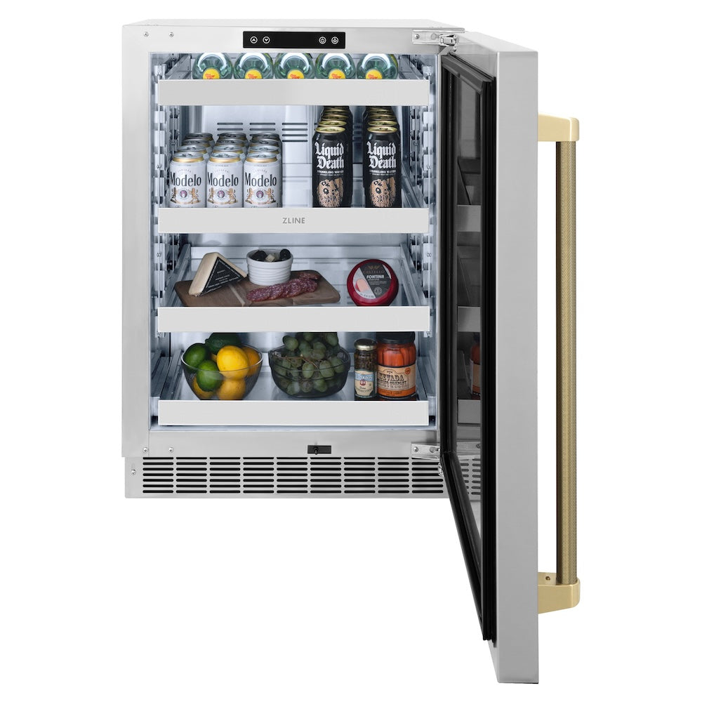 ZLINE Autograph Edition 24 in. Touchstone 151 Can Beverage Fridge with Solid Stainless Steel Door and Champagne Bronze Helix Handle (RBSOZ-ST-24-KCB) front, open displaying various food items and drinks.