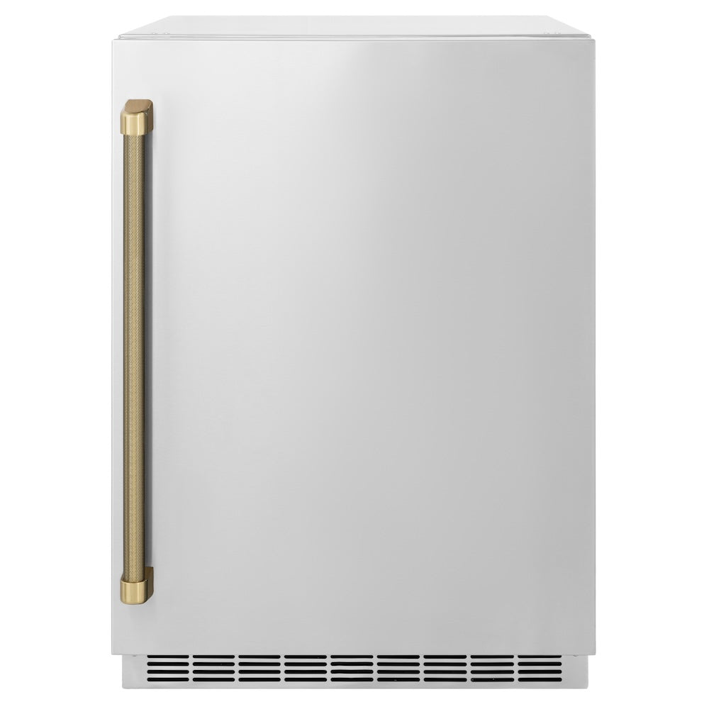 ZLINE Autograph Edition 24 in. Touchstone 151 Can Beverage Fridge with Solid Stainless Steel Door and Champagne Bronze Helix Handle (RBSOZ-ST-24-KCB) main image.