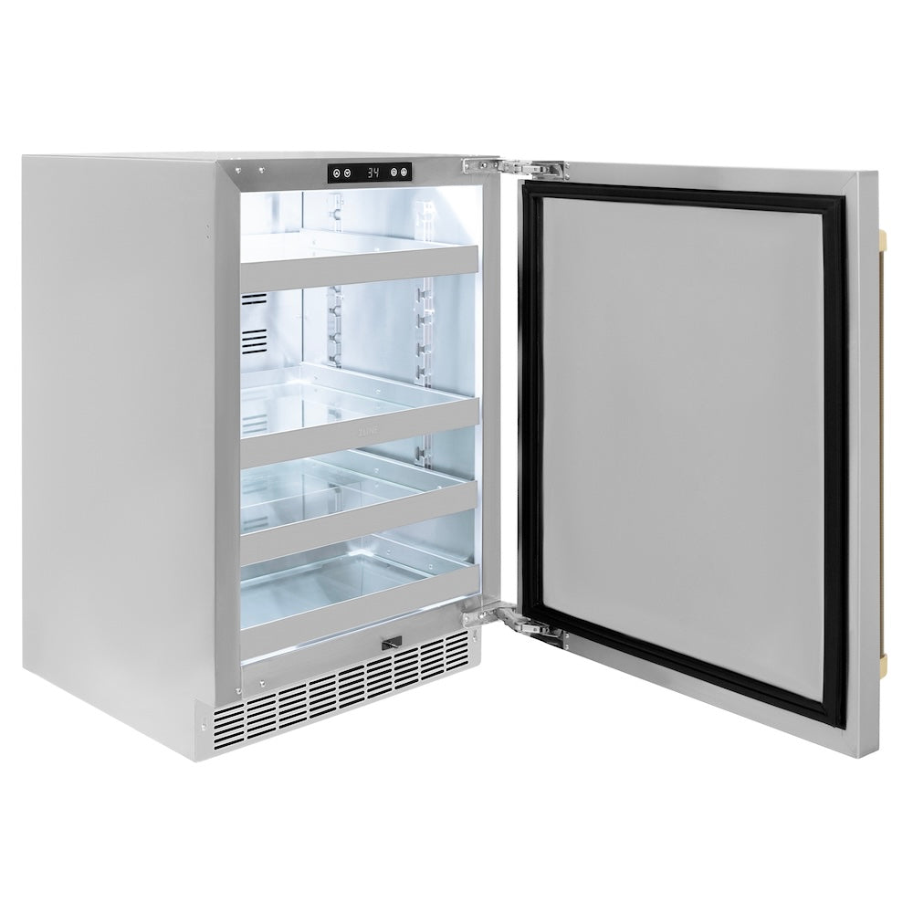 ZLINE Autograph Edition 24 in. Touchstone 151 Can Beverage Fridge with Solid Stainless Steel Door and Champagne Bronze Helix Handle (RBSOZ-ST-24-KCB) side, open.