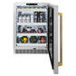 ZLINE Autograph Edition 24 in. Touchstone 151 Can Beverage Fridge with Solid Stainless Steel Door and Polished Gold Helix Handle (RBSOZ-ST-24-KG) front, open displaying various food items and drinks.