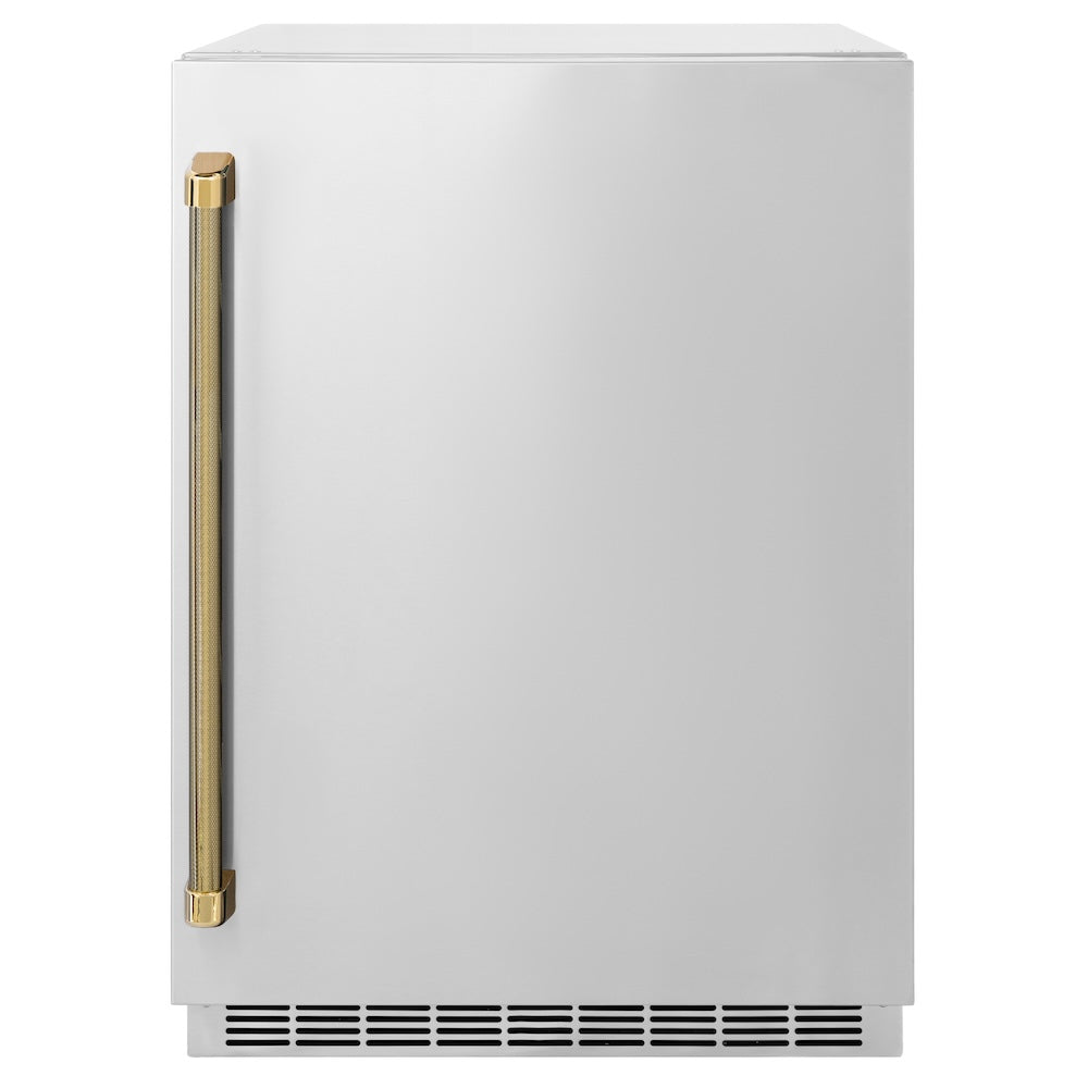 ZLINE Autograph Edition 24 in. Touchstone 151 Can Beverage Fridge with Solid Stainless Steel Door and Polished Gold Helix Handle (RBSOZ-ST-24-KG) main image.