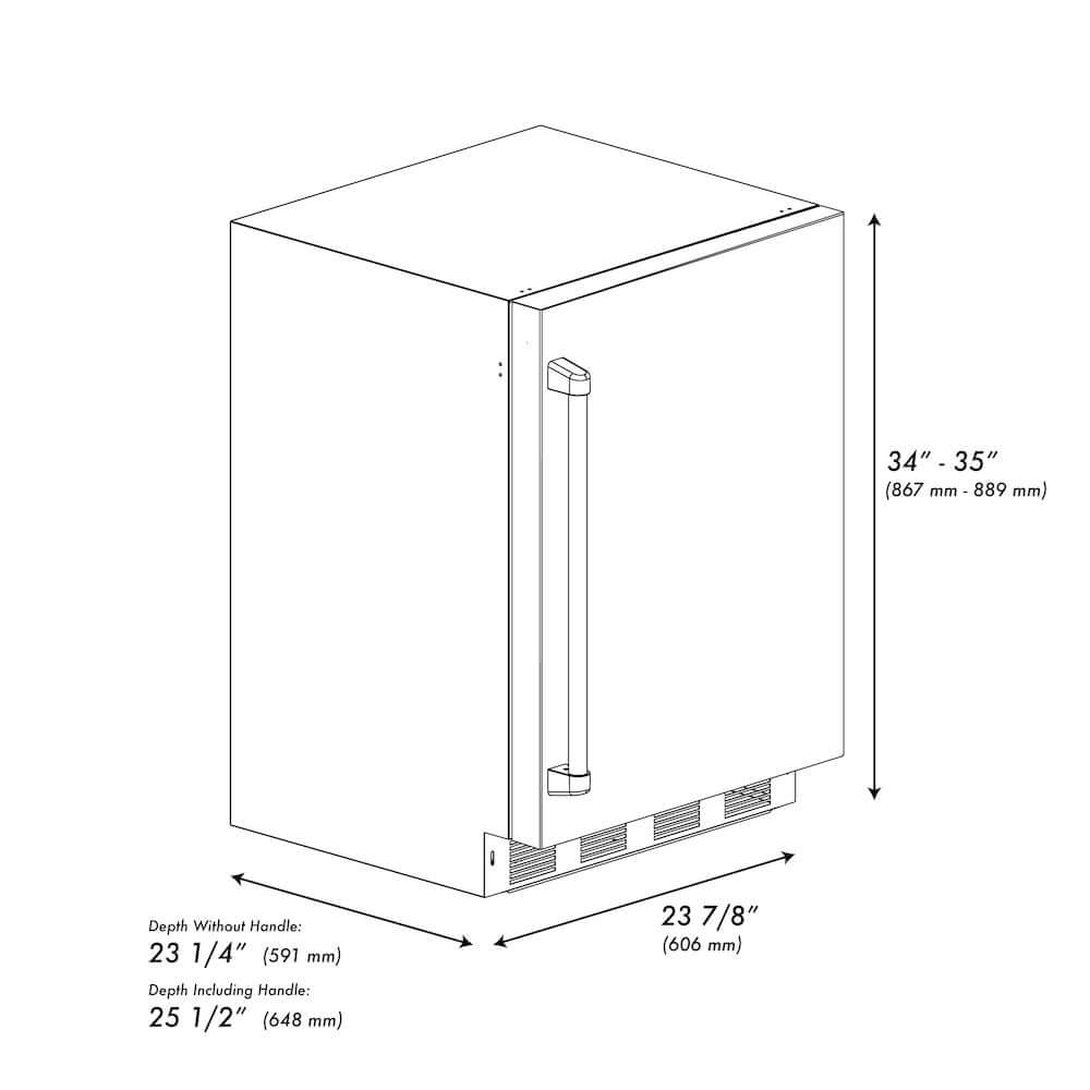ZLINE Autograph Edition 24 in. Touchstone 151 Can Beverage Fridge With Solid Stainless Steel Door And Matte Black Handle (RBSOZ-ST-24-MB) dimensional diagram.
