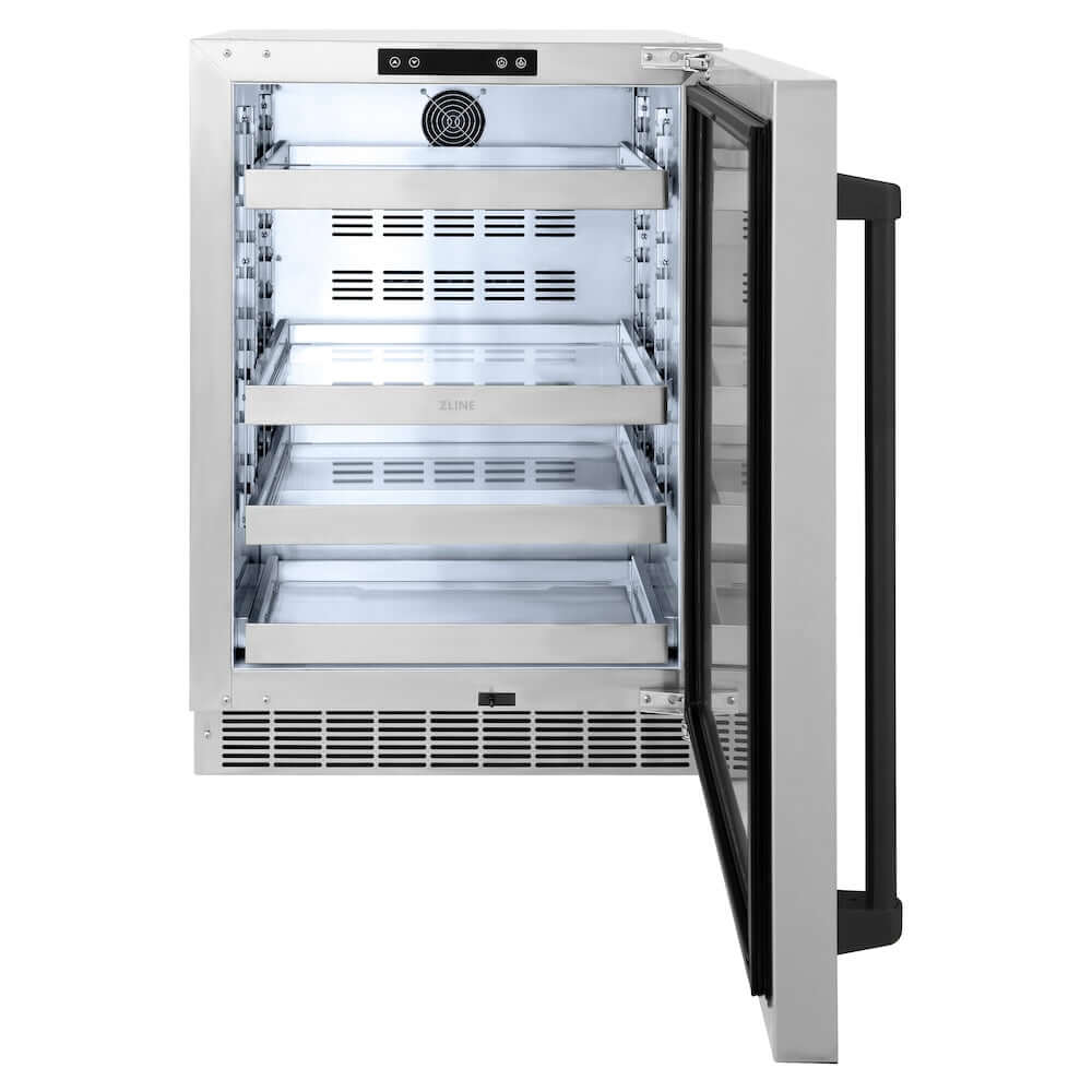 ZLINE Autograph Edition 24 in. Touchstone 151 Can Beverage Fridge With Solid Stainless Steel Door And Matte Black Handle (RBSOZ-ST-24-MB) front, open, empty.