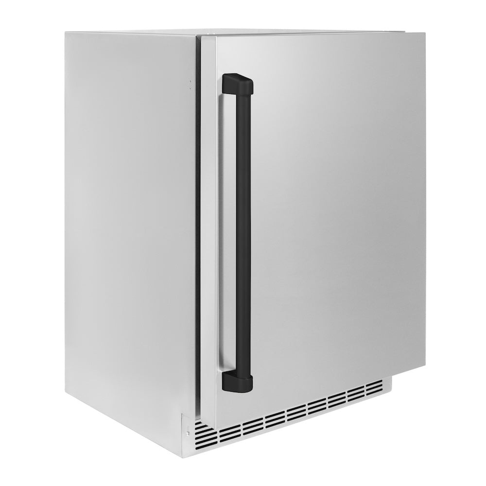 ZLINE Autograph Edition 24 in. Touchstone 151 Can Beverage Fridge With Solid Stainless Steel Door And Matte Black Handle (RBSOZ-ST-24-MB) side, closed