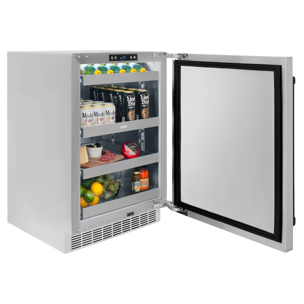 ZLINE Autograph Edition 24 in. Touchstone 151 Can Beverage Fridge With Solid Stainless Steel Door And Matte Black Handle (RBSOZ-ST-24-MB) side, open, with beverages inside.