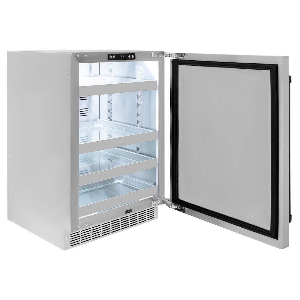 ZLINE Autograph Edition 24 in. Touchstone 151 Can Beverage Fridge With Solid Stainless Steel Door And Matte Black Handle (RBSOZ-ST-24-MB) side, open and empty