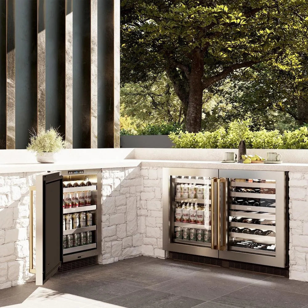Outdoor kitchen with ZLINE Autograph Edition 24 in. Touchstone Dual Zone 44 Bottle Wine Cooler with Stainless Steel Glass Door and Polished Gold Handle (RWDOZ-GS-24-G)