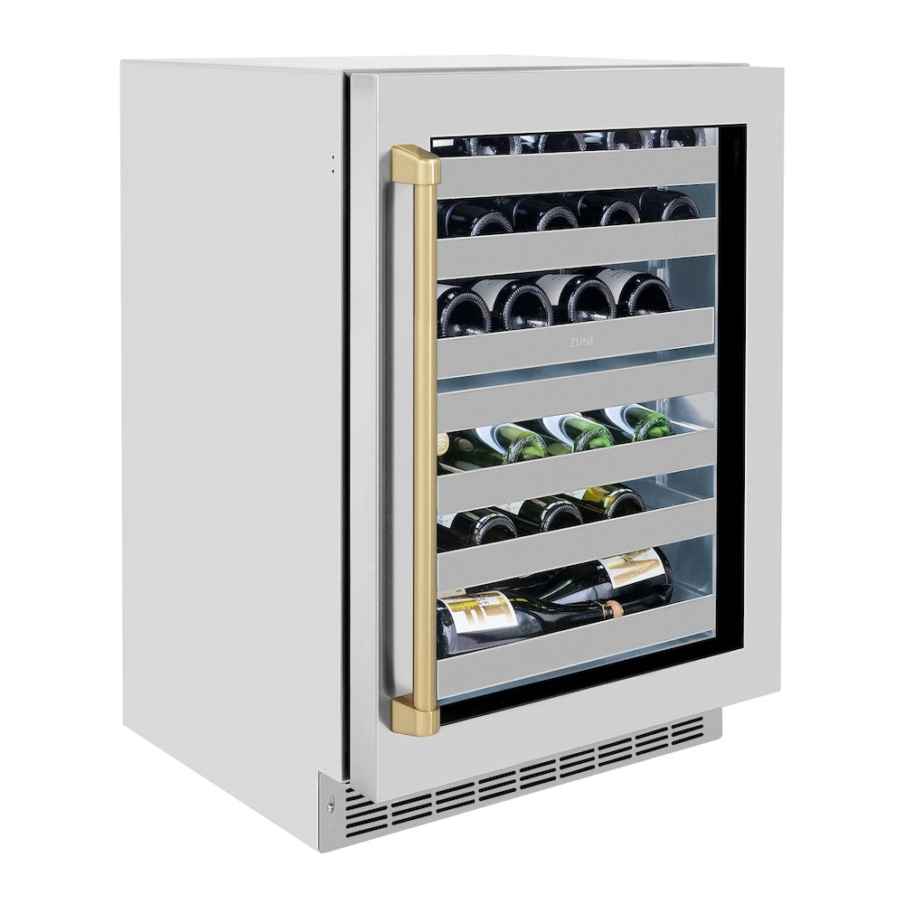 ZLINE Autograph Edition 24 in. Touchstone Dual Zone 44 Bottle Wine Cooler With Stainless Steel Glass Door And Champagne Bronze Handle (RWDOZ-GS-24-CB)