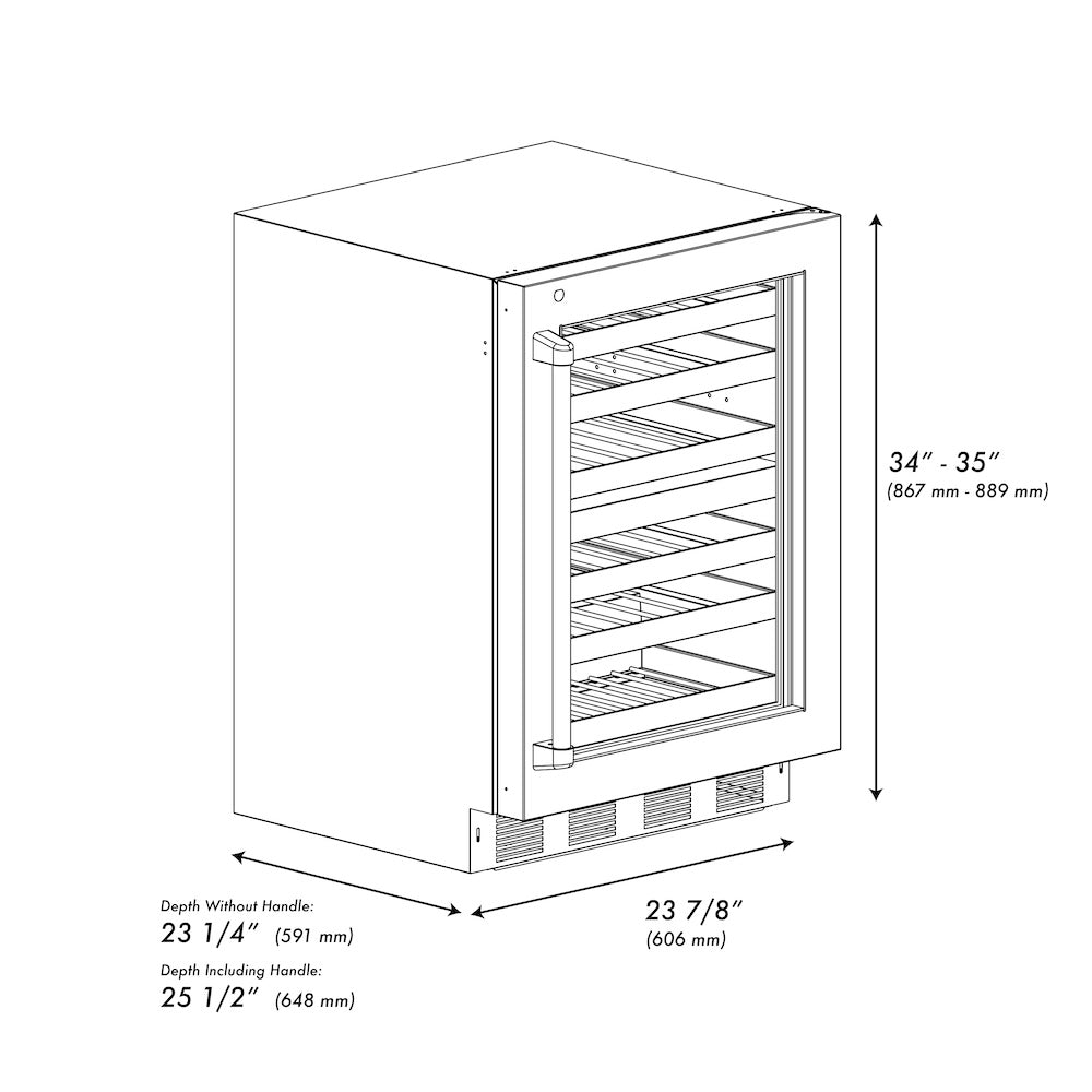 ZLINE Autograph Edition 24 in. Touchstone Dual Zone 44 Bottle Wine Cooler With Stainless Steel Glass Door And Champagne Bronze Handle (RWDOZ-GS-24-CB) dimensional diagram with measurements.