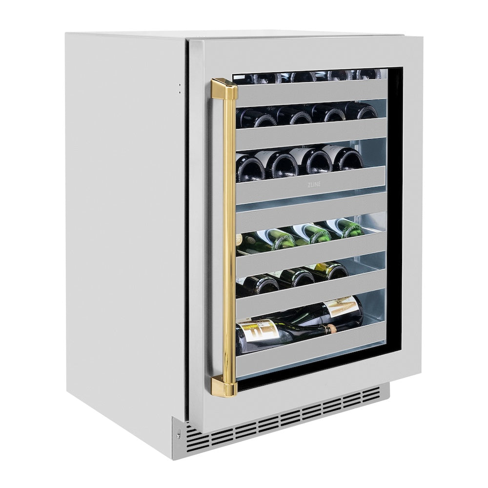 ZLINE Autograph Edition 24 in. Touchstone Dual Zone 44 Bottle Wine Cooler With Stainless Steel Glass Door And Polished Gold Handle (RWDOZ-GS-24-G) side, closed.